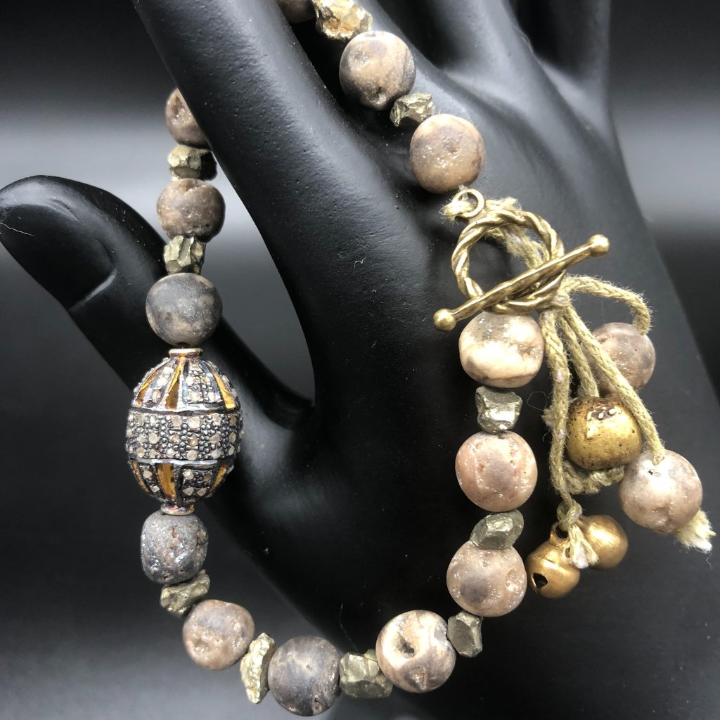 Bracelet - Diamond, Yellow Gold Over Sterling Silver, Tan Leather, Tan Druzy